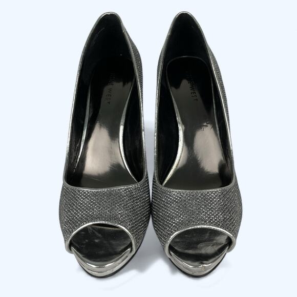 Nine West Danee Peep Toe Pumps Platform High Heels 7.5M Silver Glitter - Picture 2 of 9